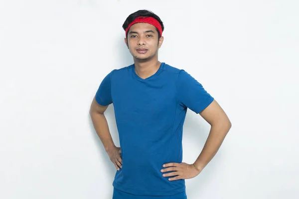 Portret Jonge Sportieve Man Gekleed Blauw Tshirt Witte Achtergrond — Stockfoto
