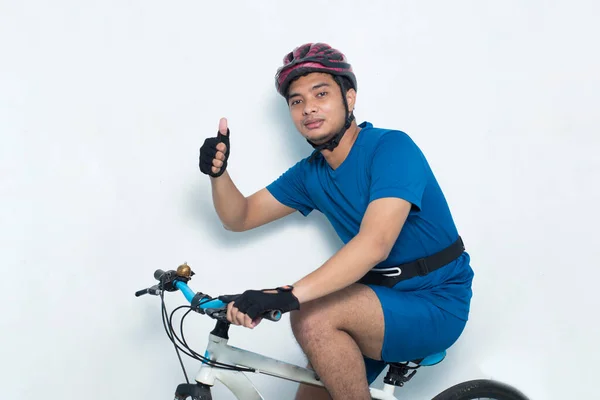 Portret Jong Knap Aziatisch Man Fietser Tonen Duim Omhoog Gebaar — Stockfoto