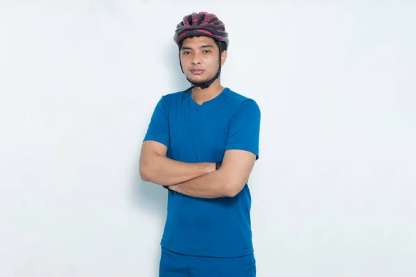 Portrét Mladý Asijský Muž Cyklista Izolované Bílém Pozadí — Stock fotografie