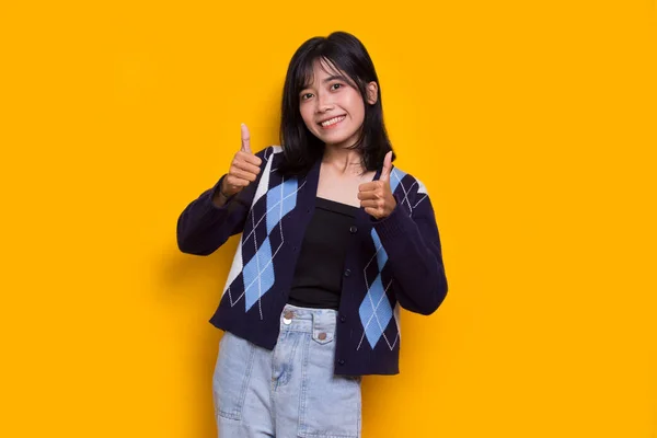 Young Asian Beautiful Woman Sign Gesture Tumb Isolated Yellow Background — 图库照片