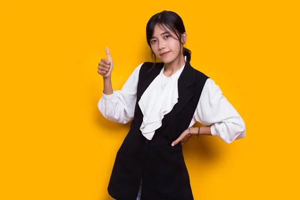 Young Asian Beautiful Woman Sign Gesture Tumb Isolated Yellow Background —  Fotos de Stock
