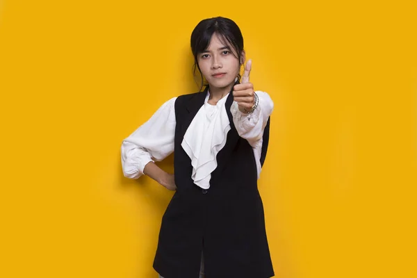Young Asian Beautiful Woman Sign Gesture Tumb Isolated Yellow Background — 图库照片