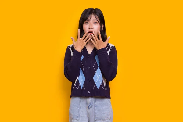 Young Asian Beautiful Woman Shocked Covering Mouth Hands Mistake Isolated — Stok fotoğraf
