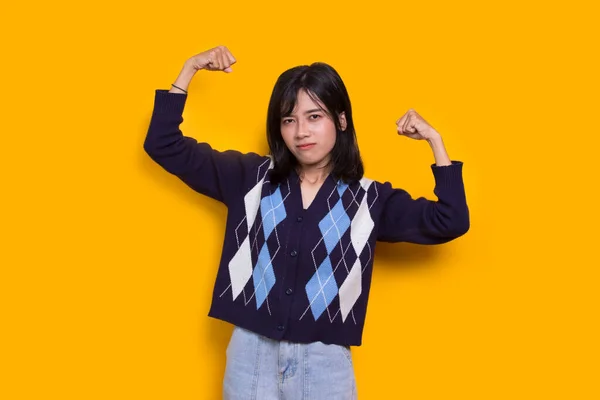 Beautiful Asian Young Woman Happy Strong Celebrating Victory Expressing Big — Stock Fotó