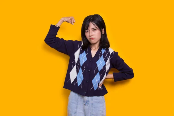 Beautiful Asian Young Woman Happy Strong Celebrating Victory Expressing Big — Stock Photo, Image