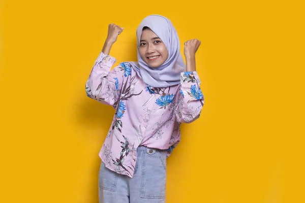 Asian Young Muslim Woman Happy Excited Celebrating Victory Expressing Big — 图库照片