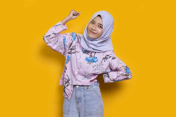 Asian Young Muslim Woman Happy Excited Celebrating Victory Expressing Big — Foto Stock