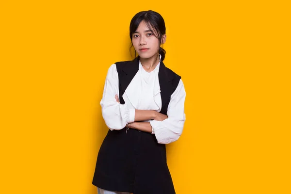 Portrait Business Young Asian Woman Isolated Yellow Background —  Fotos de Stock