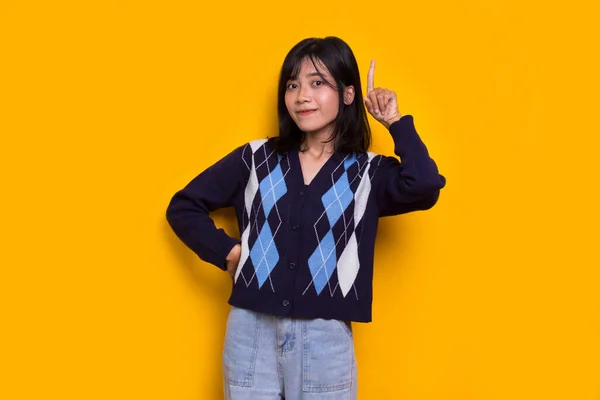 Young Beautiful Asian Woman Thinking Idea Isolated Yellow Background — Stock Photo, Image
