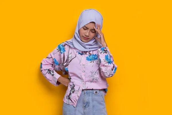 Portrait Stressed Tired Sick Asian Muslim Woman Headache Yellow Background — Fotografia de Stock