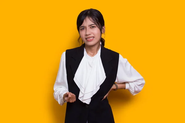 Sad Young Asian Business Woman Feel Disappointed Isolated Yellow Background —  Fotos de Stock