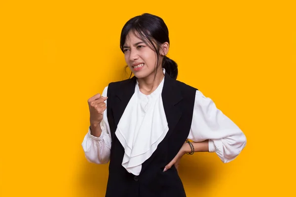 Sad Young Asian Business Woman Feel Disappointed Isolated Yellow Background —  Fotos de Stock