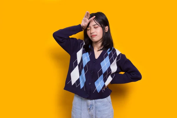 Stressed Sick Asian Woman Tired Headache Isolated Yellow Background — 스톡 사진