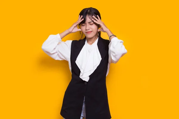 Stressed Sick Asian Woman Tired Headache Isolated Yellow Background — Fotografia de Stock