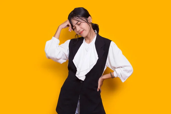Stressed Sick Asian Woman Tired Headache Isolated Yellow Background — Stock Photo, Image