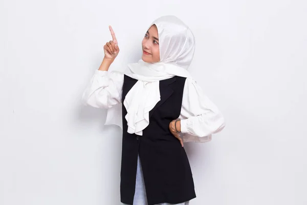 Happy Young Asian Muslim Business Woman Pointing Fingers Different Directions — Stock Fotó