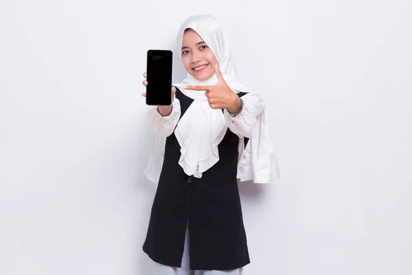 Young Business Asian Muslim Woman Demonstrating Mobile Cell Phone Isolated — Stok fotoğraf