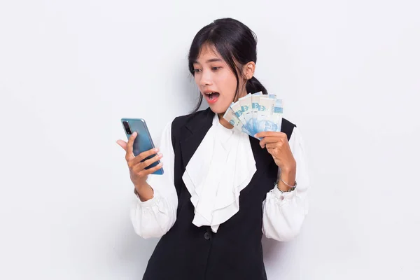 Asian Business Woman Showing Money Holding Mobile Phone Isolated White — Zdjęcie stockowe