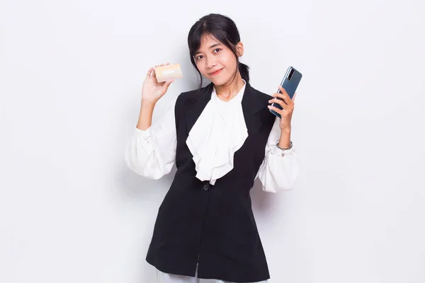 Young Asian Business Woman Standing Holding Money Credit Card Isolated — Φωτογραφία Αρχείου