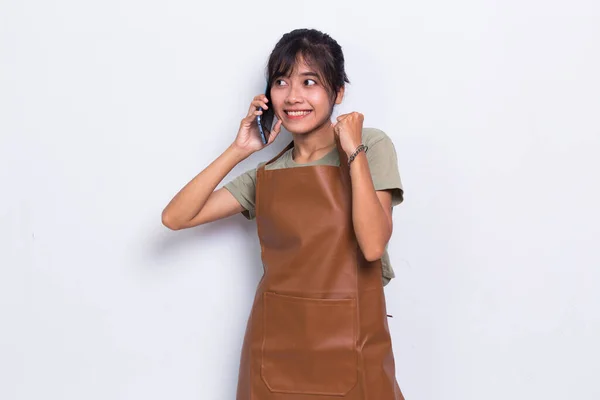 Happy Young Asian Barista Waitress Using Mobile Smartphone Isolated White — 图库照片
