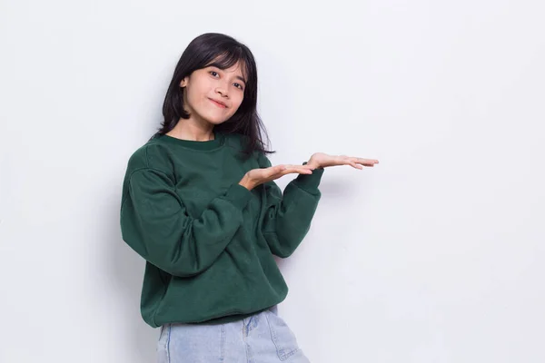 Happy Young Asian Woman Pointing Fingers Different Directions Isolated White — Stock Photo, Image