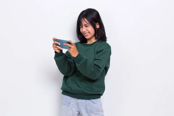 Mad Shock Young Asian Beautiful Woman Using Mobile Phone Isolated — Fotografia de Stock