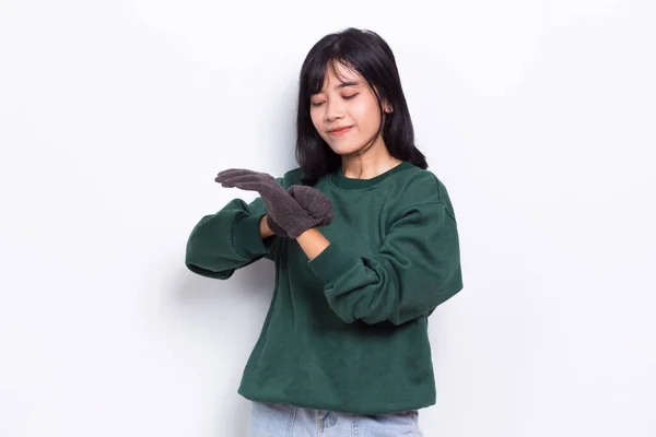Portrait Beautiful Young Asian Woman Wear Gloves Isolated White Background — 스톡 사진