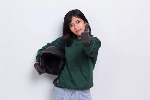 Beautiful Asian Woman Motorcycle Helmet Showing Thumbs Gesture White Background — 스톡 사진