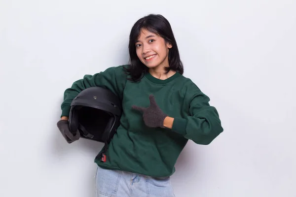 Beautiful Asian Woman Motorcycle Helmet Showing Thumbs Gesture White Background — Fotografia de Stock