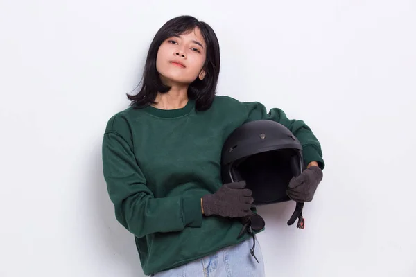 Portrait Beautiful Asian Woman Wearing Motorcycle Helmet White Background — 스톡 사진