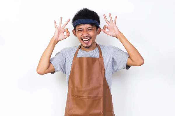 Funny Apron Man Smiling Happy Sign Gesture Tumb Isolated White — Stock fotografie