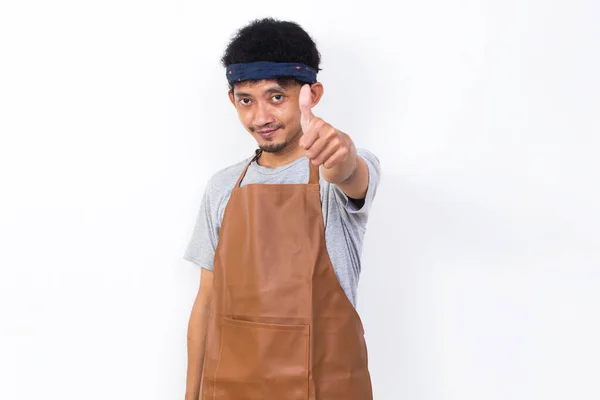 Funny Apron Man Smiling Happy Sign Gesture Tumb Isolated White — Stockfoto