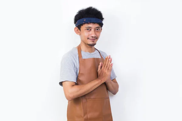 Portrait Asian Man Barista Waitress Welcoming Guests Gesture Isolated White — Stock fotografie