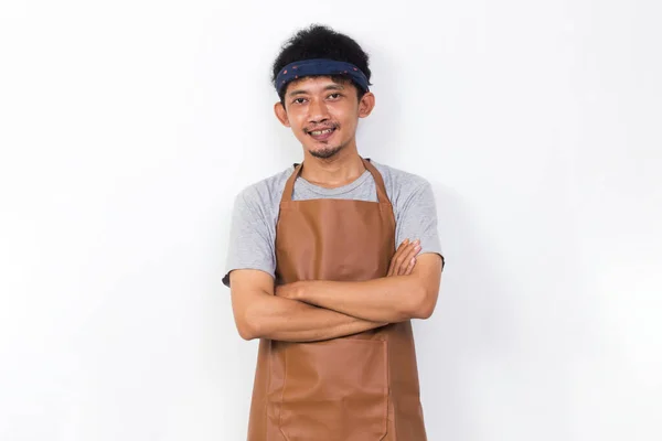 Portrait Happy Asian Man Barista Waitress Isolated White Background — Stock fotografie