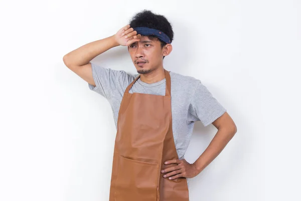 Portrait Mad Tired Asian Man Barista Waitress Isolated White Background — Stock fotografie