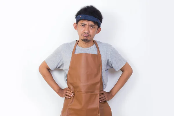 Portrait Mad Tired Asian Man Barista Waitress Isolated White Background — Stockfoto