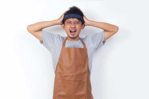 Portrait Mad Tired Asian Man Barista Waitress Isolated White Background — Stock fotografie