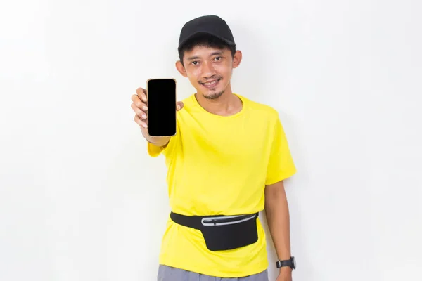 Asian Sport Man Hold Mobile Phone Blank Empty Screen Isolated — Stockfoto