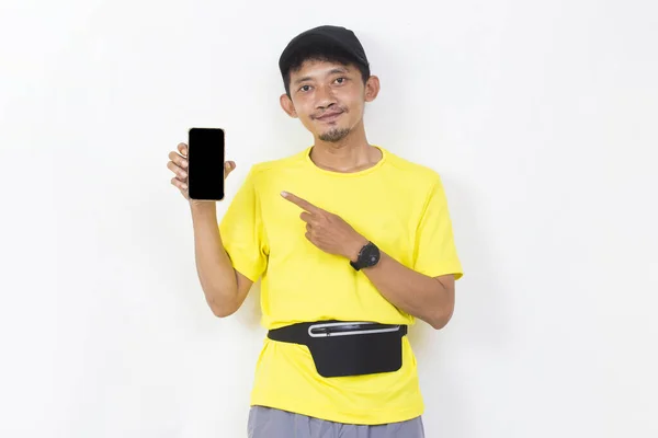 Asian Sport Man Hold Mobile Phone Blank Empty Screen Isolated — Stock fotografie