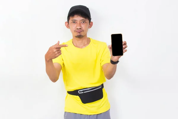 Asian Sport Man Hold Mobile Phone Blank Empty Screen Isolated — Photo