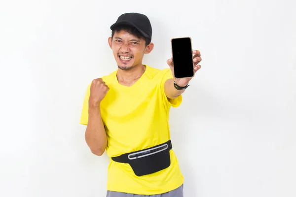 Asian Sport Man Hold Mobile Phone Blank Empty Screen Isolated — Photo