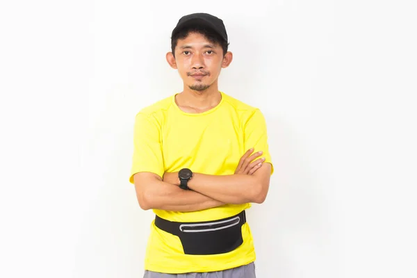 Asian Sporty Man Dressed Yellow Tshirt Listening Music Isolated White — Stock fotografie