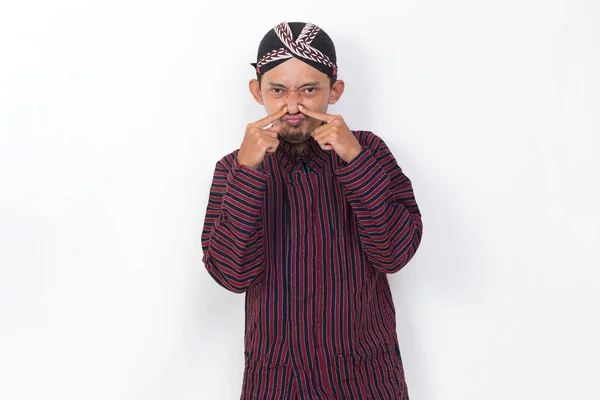 Asian Man Javanese Traditional Lurik Cloth Holding His Nose Because — Stok Foto