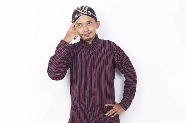 Asian Man Javanese Traditional Cloth Lurik Thinking Idea Isolated White — Foto Stock