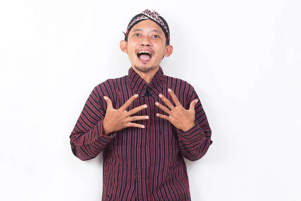 Asian Man Javanese Traditional Cloth Lurik Shocked Isolated White Background — Photo