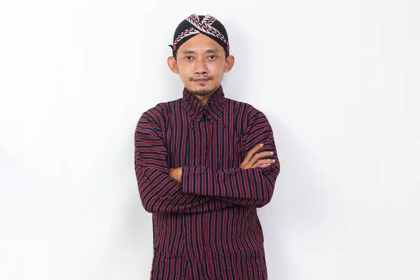 Portrait Asian Man Javanese Traditional Cloth Lurik Isolated White Background — Foto Stock