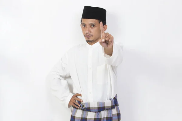 Asian Muslim Man Portrait Doing Stop Sign Serious Expression Defense — Stock Fotó