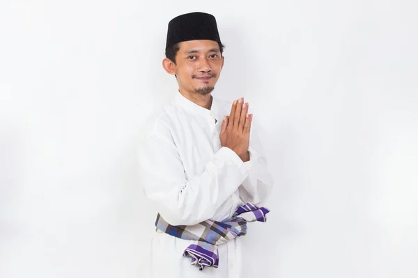 Asian Muslim Man Portrait Welcoming Guests Gretting Isolated White Background — Stock Fotó