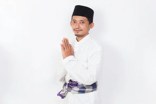 Asian Muslim Man Portrait Welcoming Guests Gretting Isolated White Background — Stock Fotó