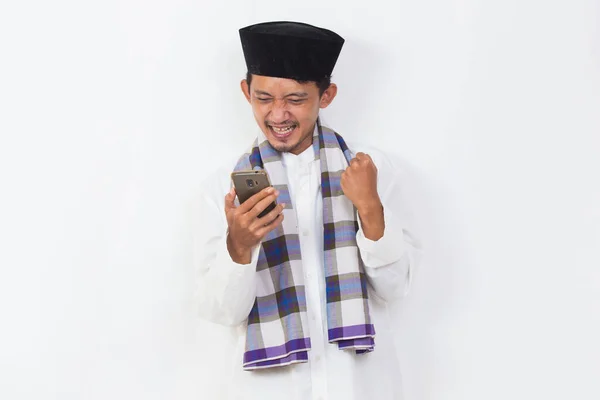 Happy Asian Muslim Man Portrait Using Mobile Phone Isolated White — Foto de Stock